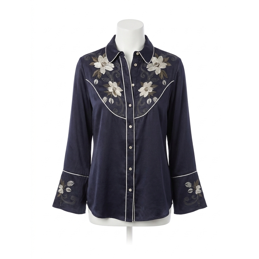 NEW JOHNNY WAS women's western flutter sleeve blouse in navy